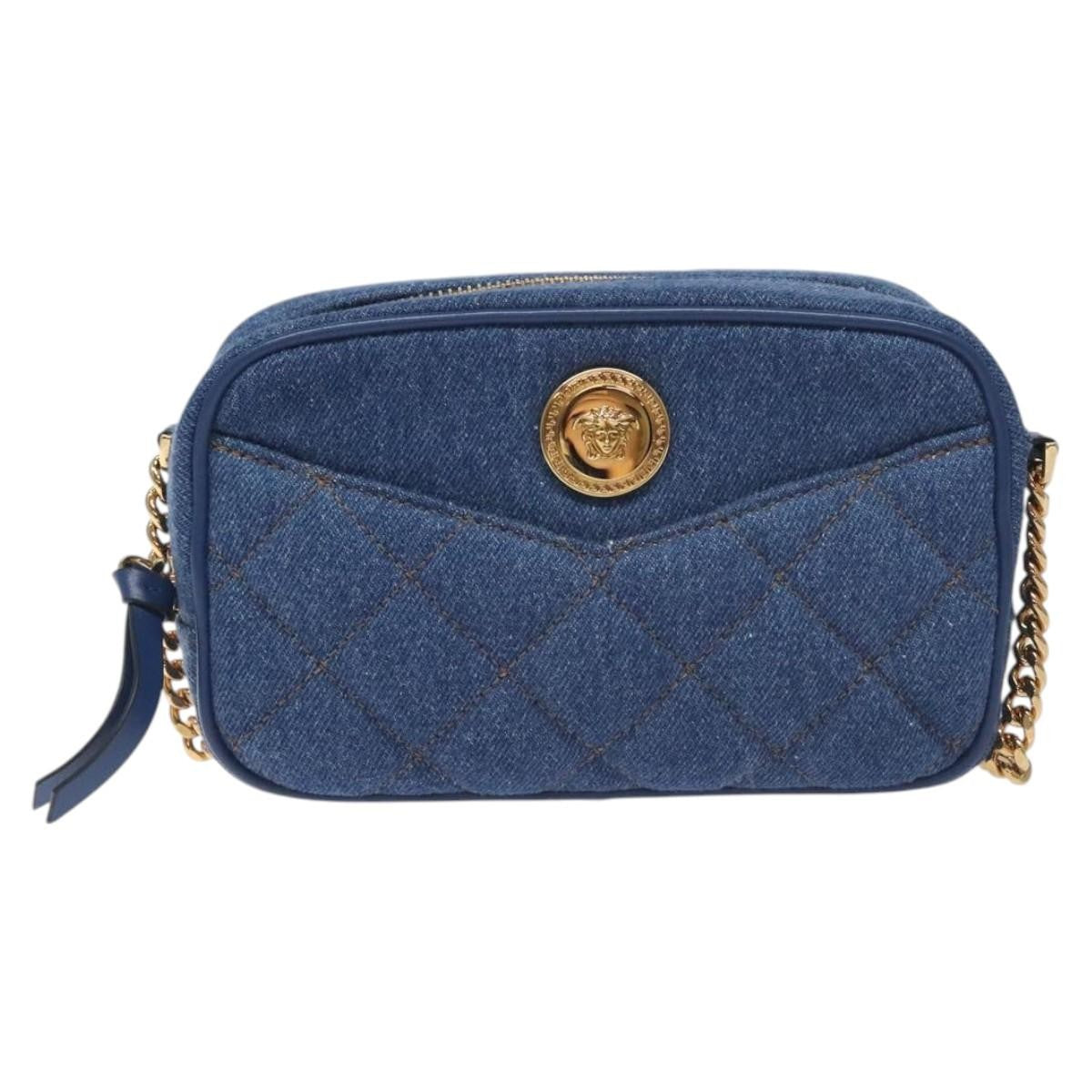 Versace Medusa Icon Front Slip Pocket Camera Bag Quilted Denim, BLUE, DENIM_JEANS, Crossbody bag