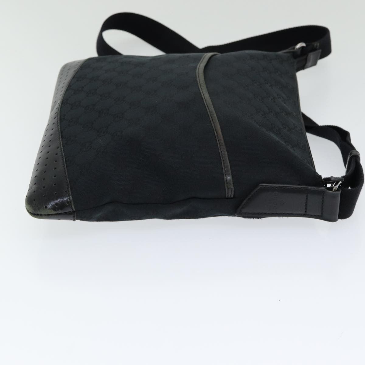 Gucci Zip Messenger Bag GG Canvas with Perforated Leather, BLACK, CANVAS, Crossbody bag