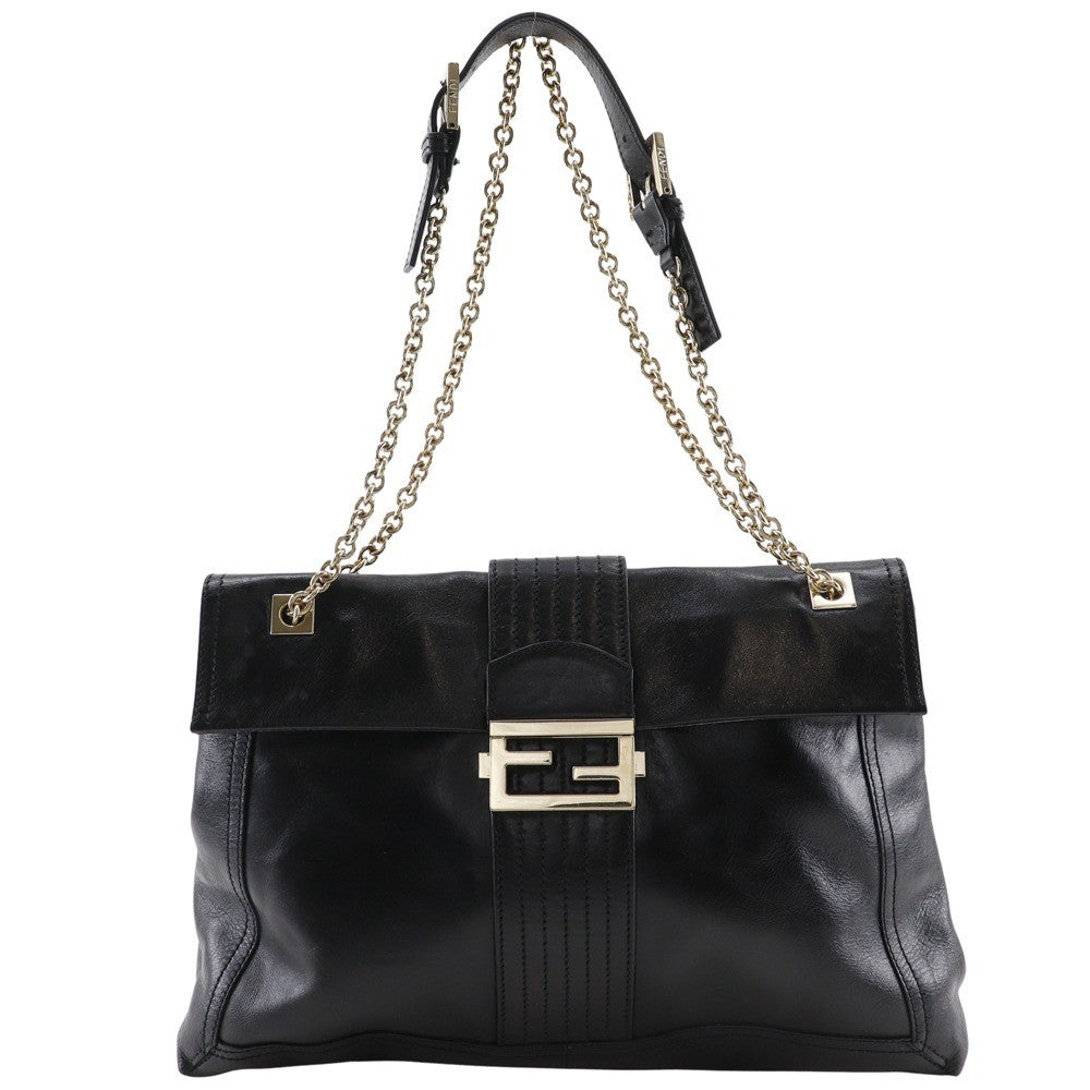 Fendi Maxi Baguette Chain Shoulder Bag Leather, BLACK, LEATHER, Tote bag