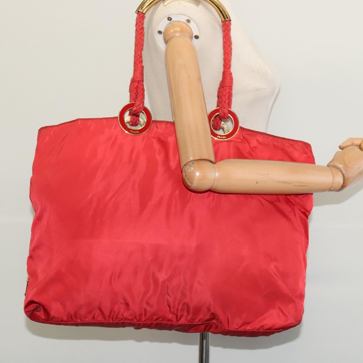 Prada Convertible Metal Handle Satchel Quilted Tessuto, RED, NYLON, Tote bag