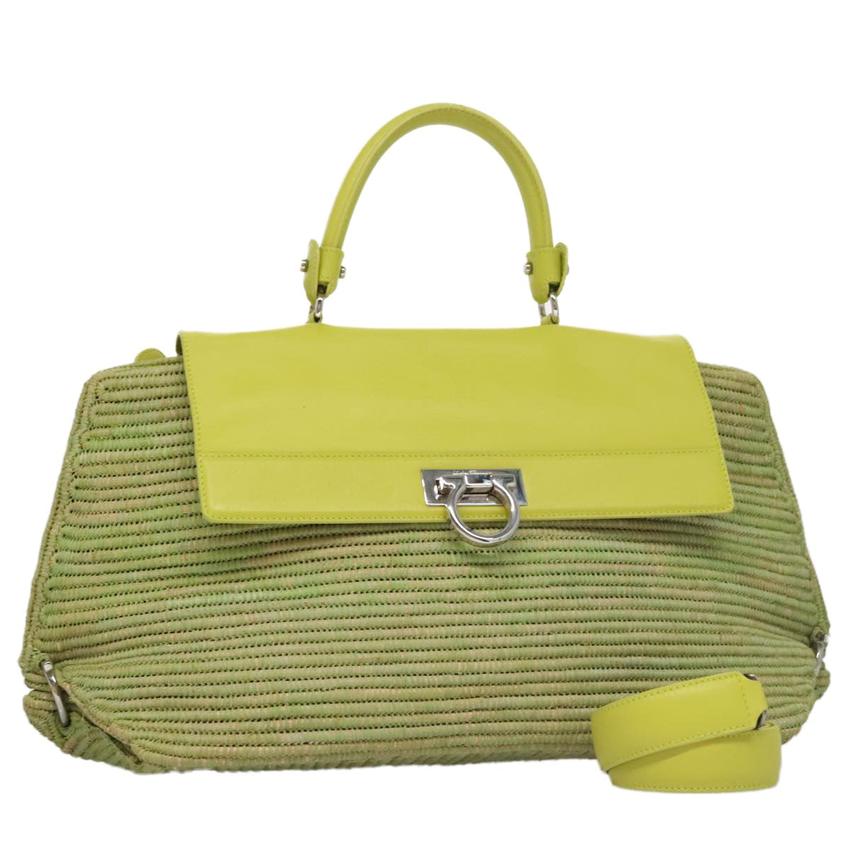 Salvatore Ferragamo Sofia Satchel Raffia with Leather, GREEN, WOOD, Handbag