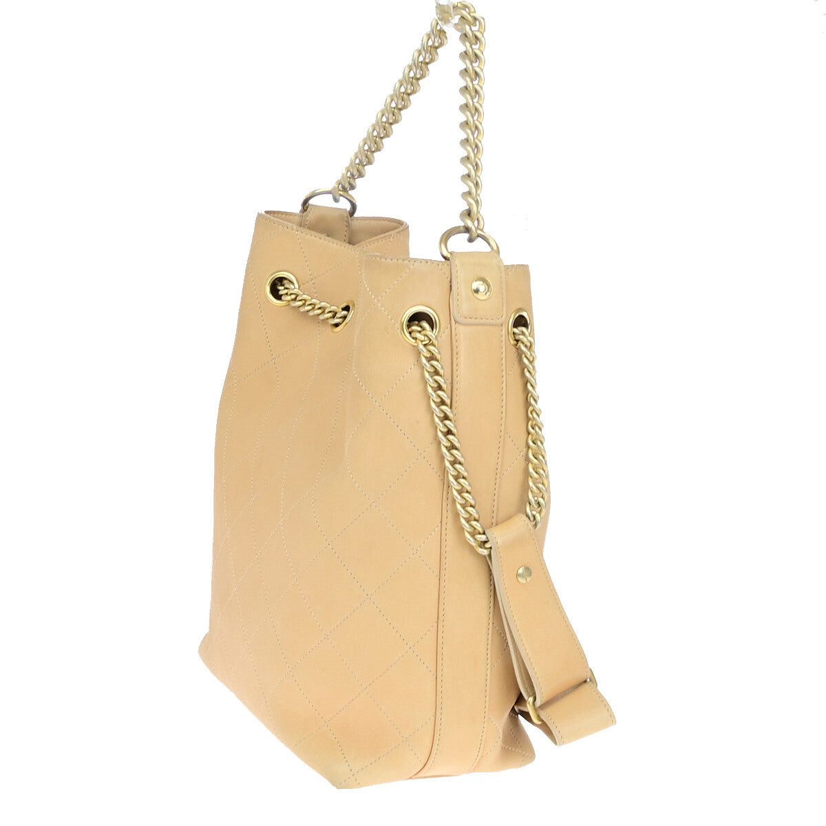 Chanel On My Shoulder Drawstring Bag Quilted Calfskin, BEIGE, LEATHER, Shoulder bag