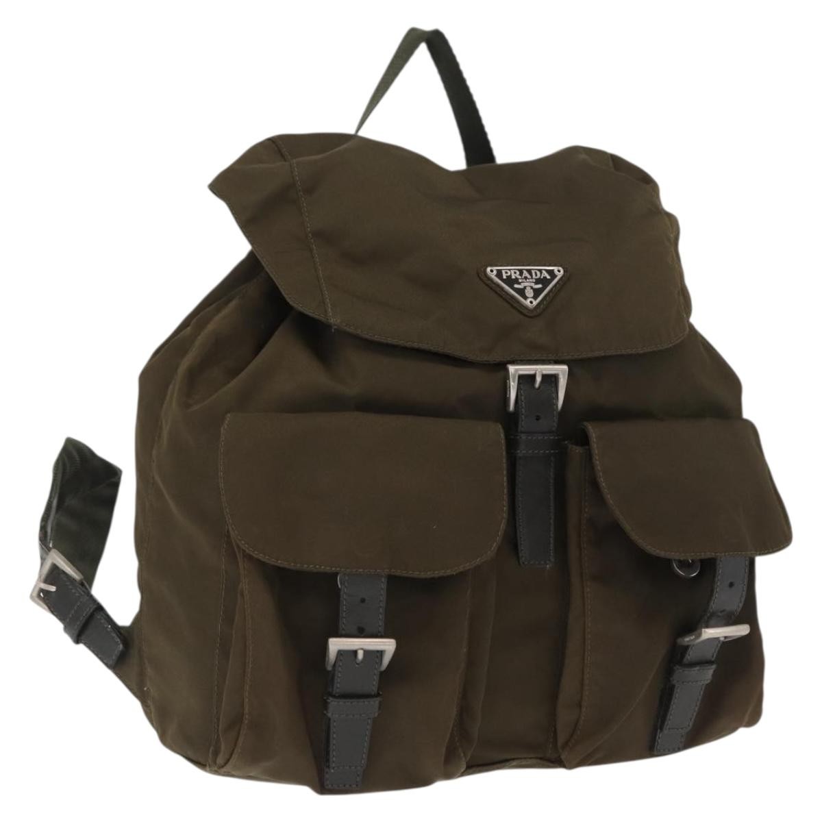 Prada Vela Double Front Pocket Backpack Tessuto with Saffiano Leather, KHAKI, NYLON, Backpack