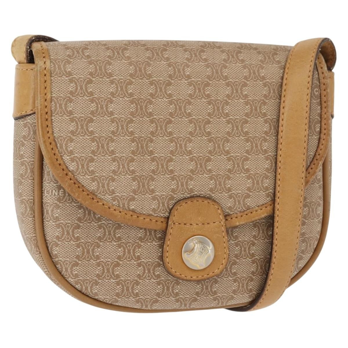 Celine Vintage Macadam Shoulder Bag Canvas and Leather, BEIGE, CANVAS, Shoulder bag