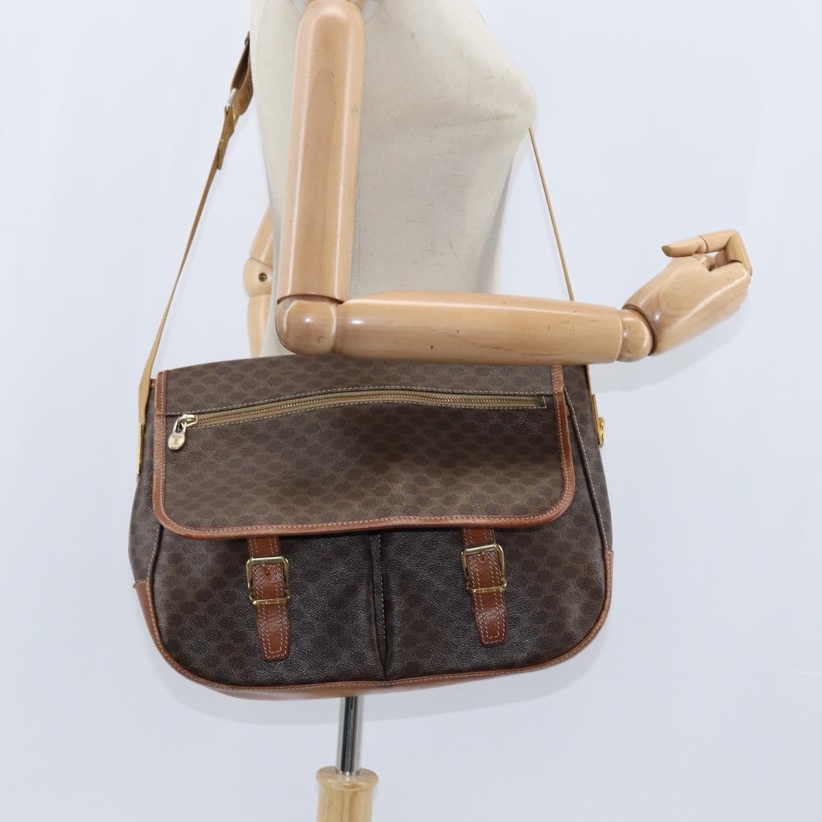 Celine Vintage Macadam Shoulder Bag Canvas and Leather, BROWN, CANVAS, Shoulder bag