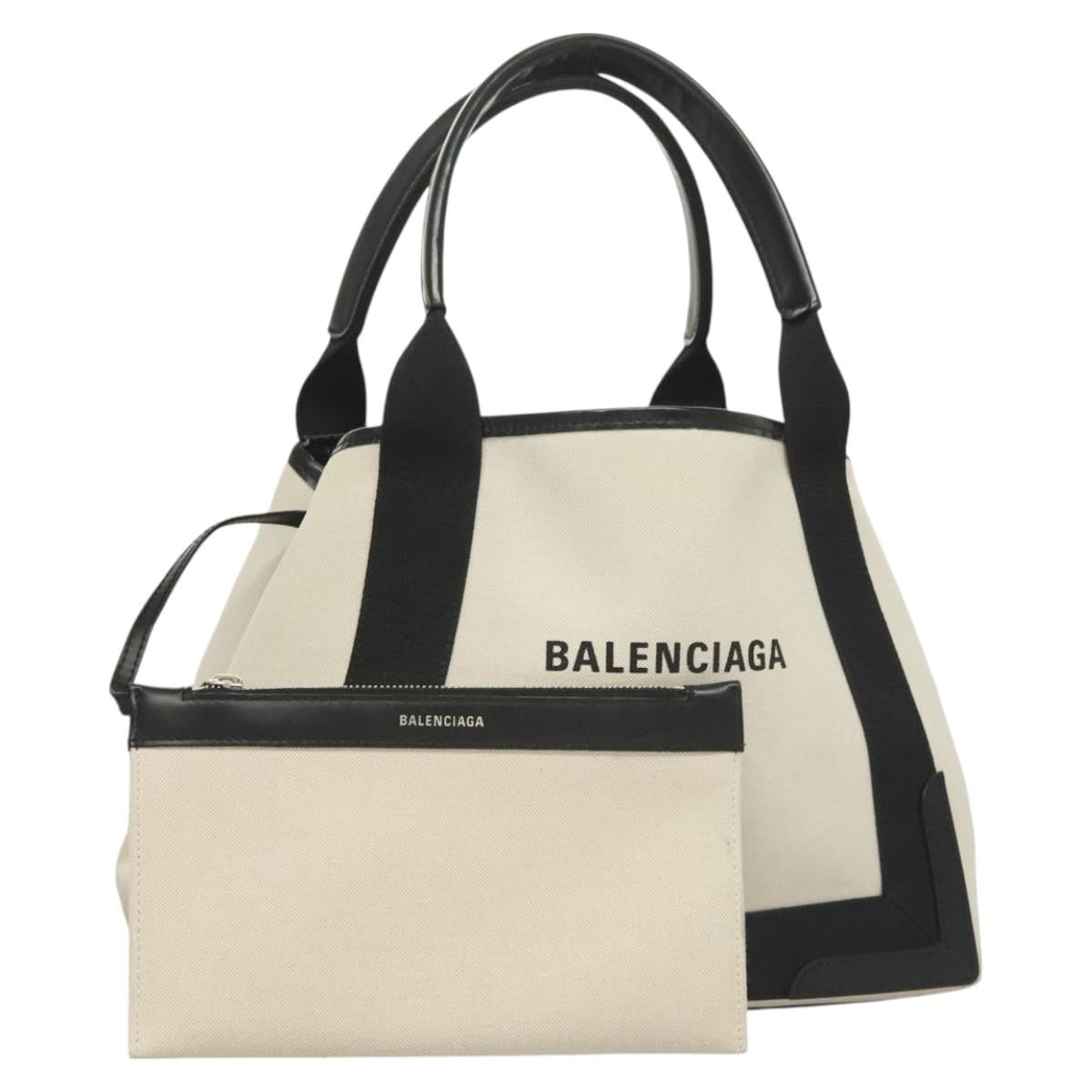 Balenciaga Navy Cabas Canvas with Leather, WHITE, CANVAS, Tote bag