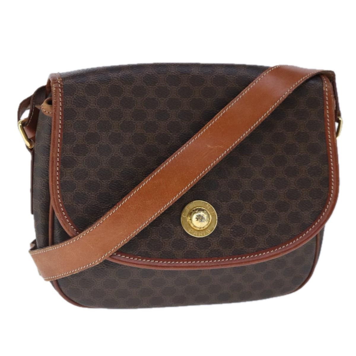 Celine Vintage Macadam Shoulder Bag Canvas and Leather, Brown, Canvas, Shoulder Bag