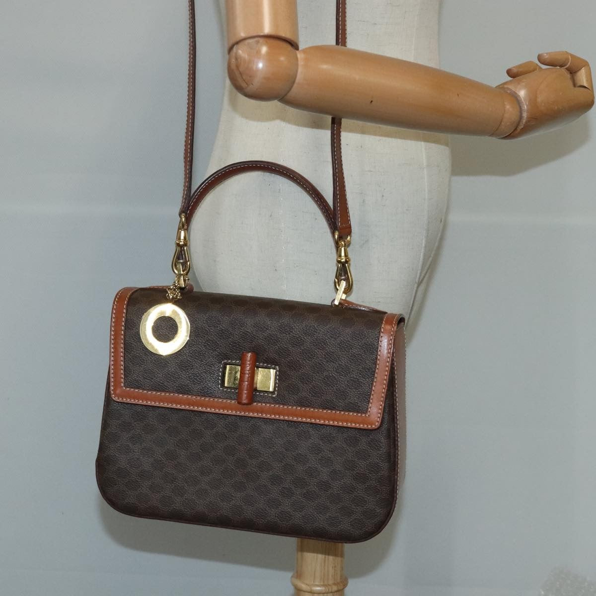 Celine Vintage Convertible Top Handle Bag Macadam Coated Canvas, Brown, Canvas, Handbag