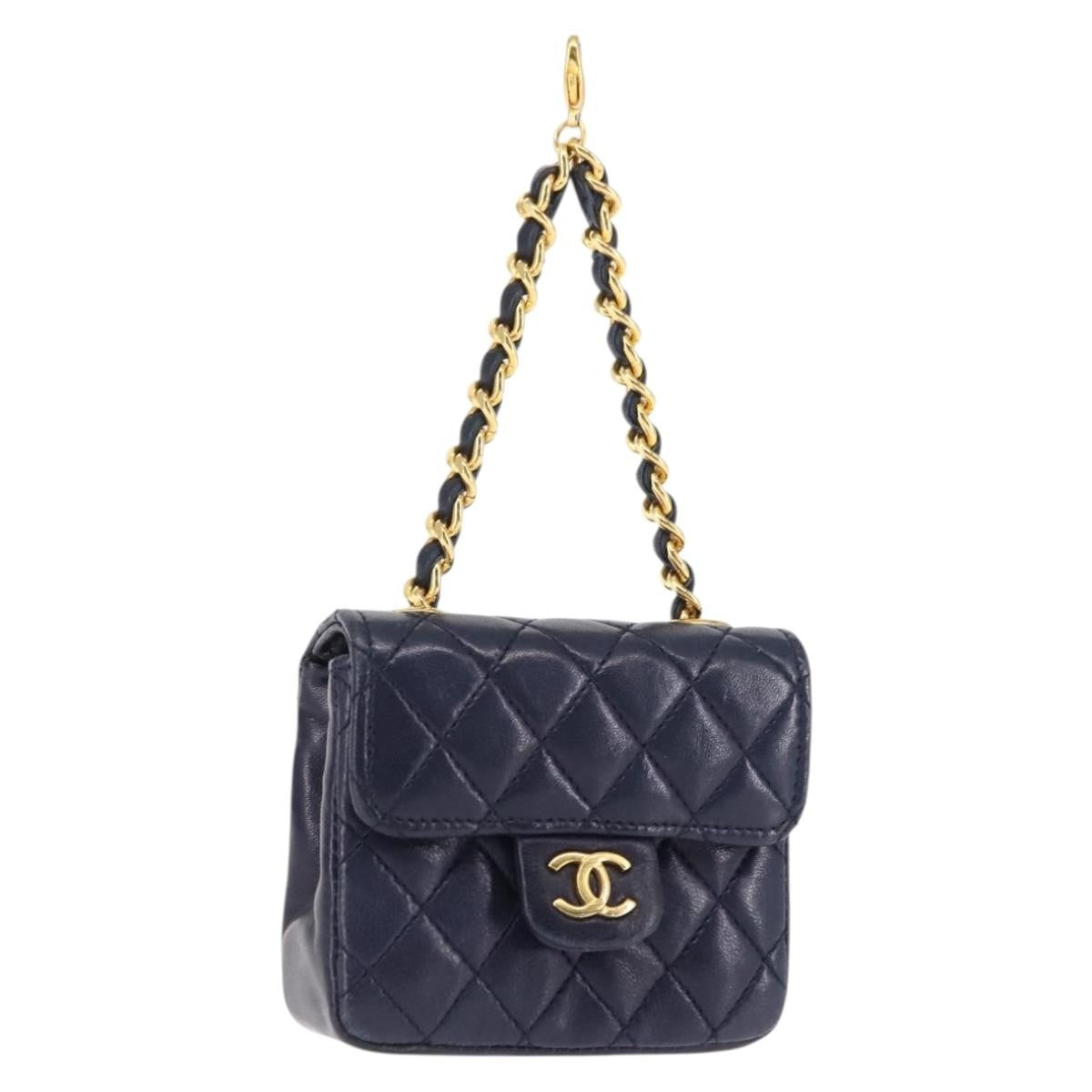 Chanel Square Classic Single Flap Top Handle Bag Quilted Lambskin, NAVY, LEATHER, Clutche & pouche