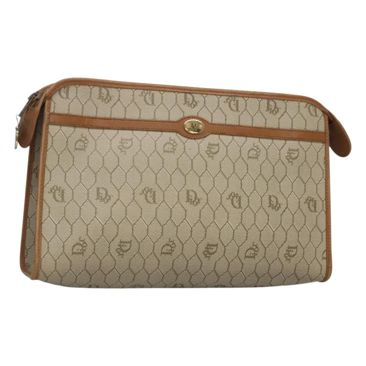 Christian Dior Vintage Honeycomb Zip Pouch Coated Canvas, BEIGE, CANVAS, Clutche & pouche