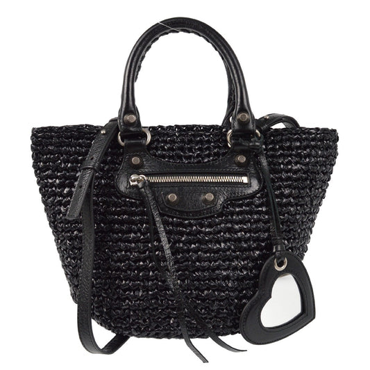 Balenciaga Le Cagole Panier Raffia with Leather, BLACK, LEATHER, Tote bag