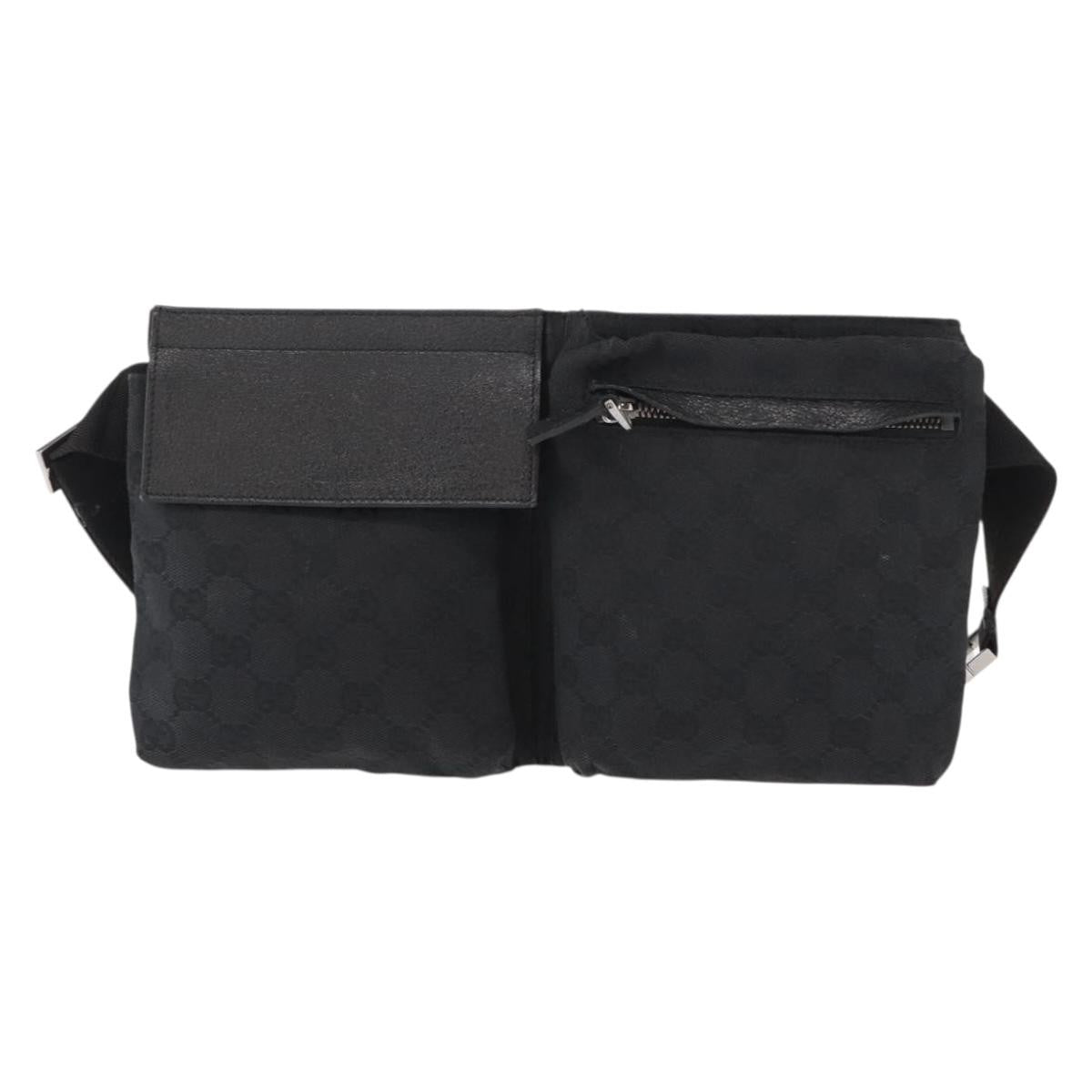 Gucci Vintage Double Belt Bag GG Canvas with Leather, BLACK, CANVAS, Shoulder bag