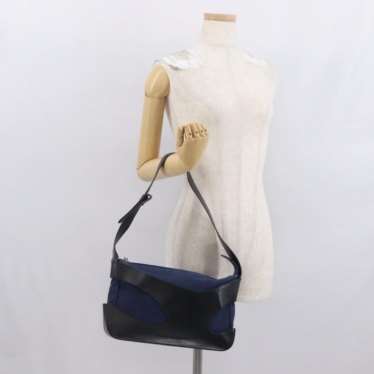 Salvatore Ferragamo Cut Out Shoulder Bag Canvas and Leather, NAVY, CANVAS, Shoulder bag