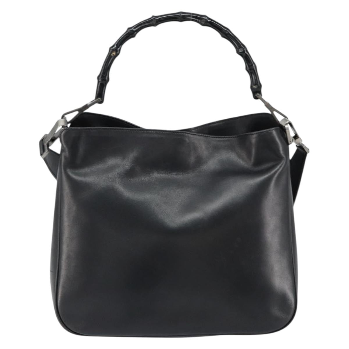 Gucci Vintage Bamboo Handle Open Hobo Leather, BLACK, LEATHER, Handbag