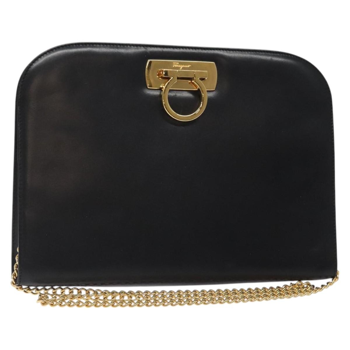 Salvatore Ferragamo Vintage Gancini Chain Shoulder Bag Leather, BLACK, LEATHER, Shoulder bag