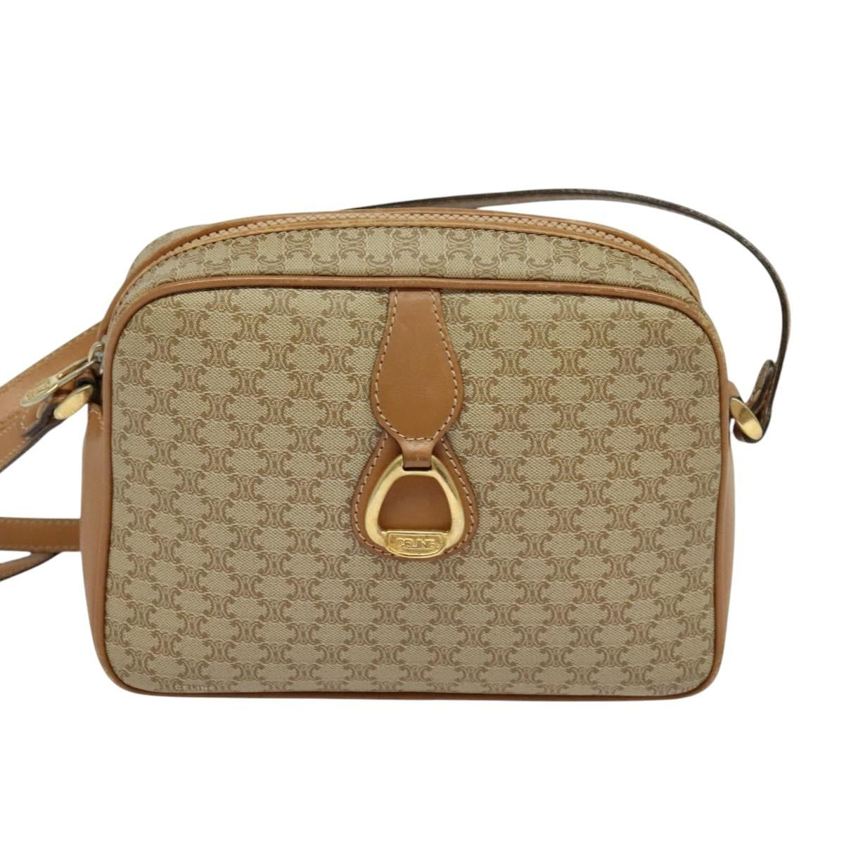 Celine Vintage Macadam Shoulder Bag Canvas and Leather, Beige, Canvas, Shoulder Bag