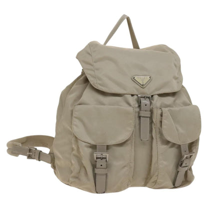 Prada Vela Double Front Pocket Backpack Tessuto with Saffiano Leather, SILVER, NYLON, Backpack