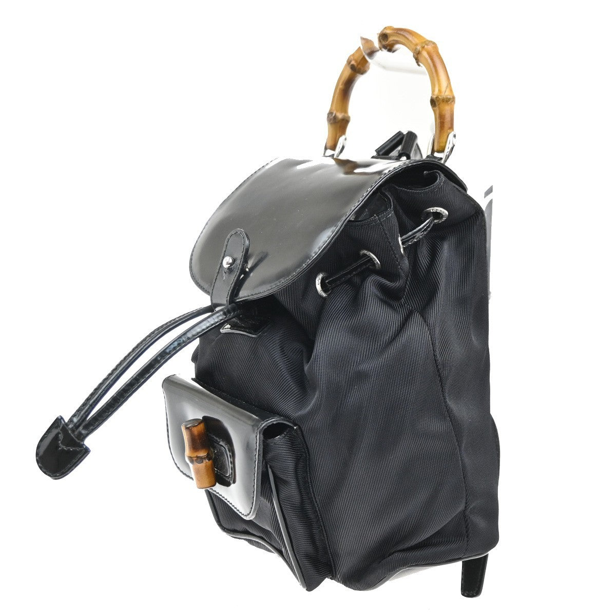 Gucci Vintage Bamboo Backpack Nylon and Patent Leather, BLACK, NYLON, Backpack