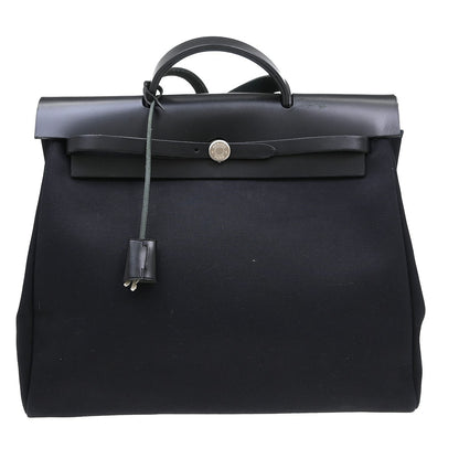 Hermes Herbag Cabas Toile and Leather, Black, Canvas, Handbag