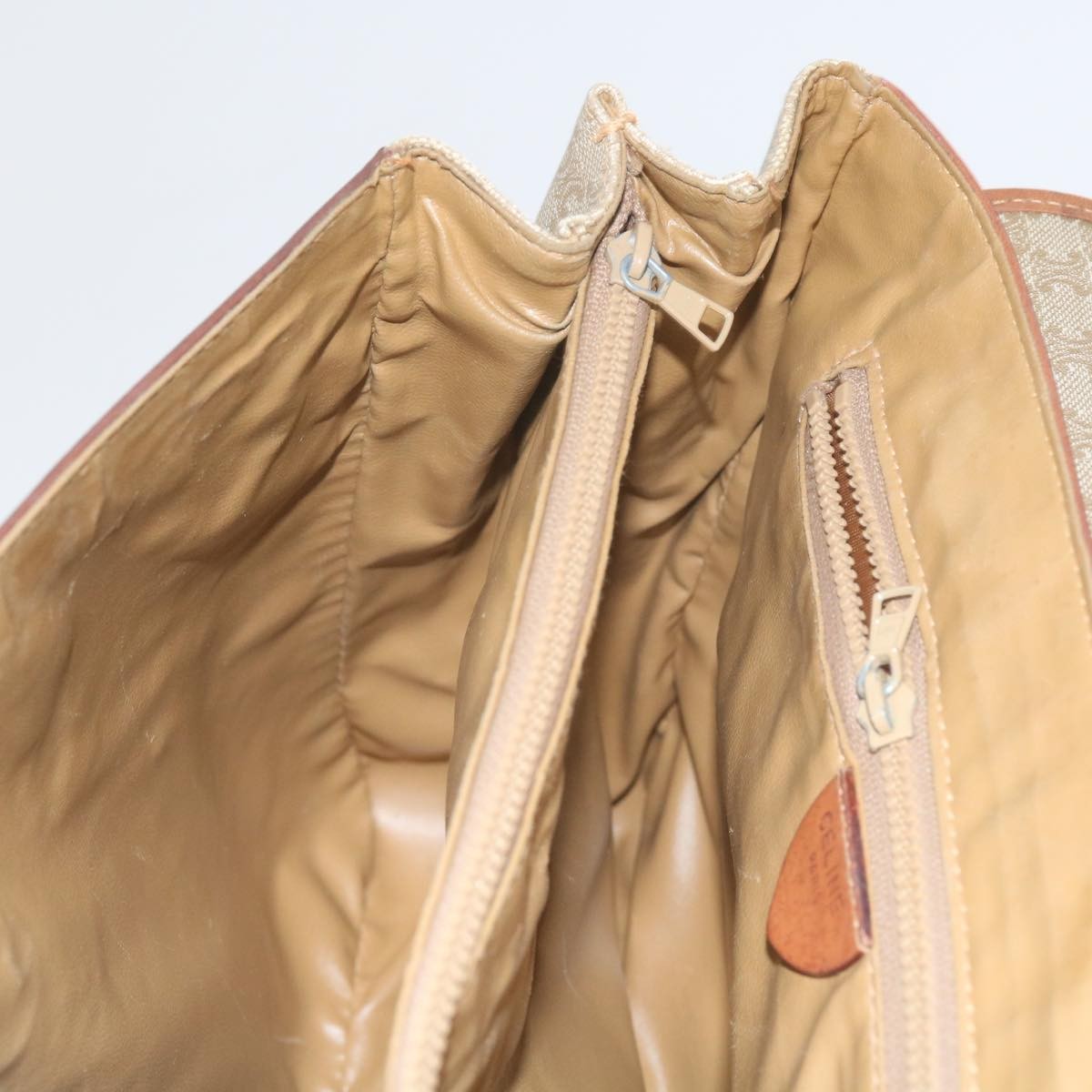 Celine Vintage Macadam Handbag Canvas and Leather, BEIGE, CANVAS, Handbag
