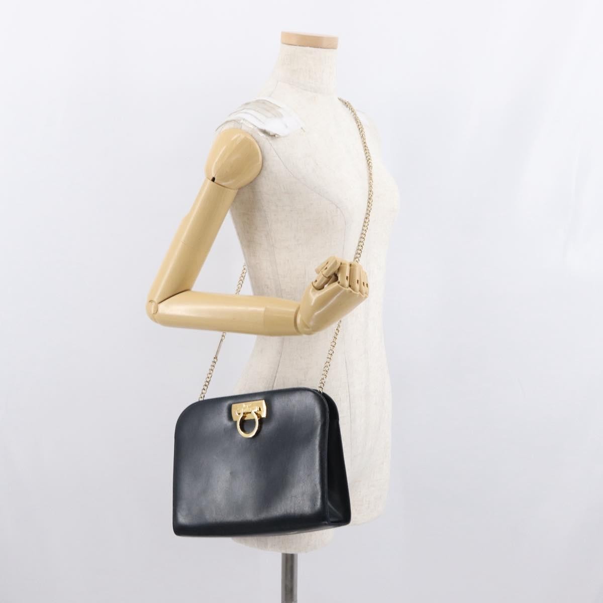 Salvatore Ferragamo Vintage Gancini Chain Shoulder Bag Leather, NAVY, LEATHER, Shoulder bag