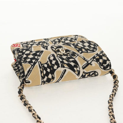 Chanel Flap Card Holder on Chain Quilted Printed Canvas, Beige, Satin, Clutch