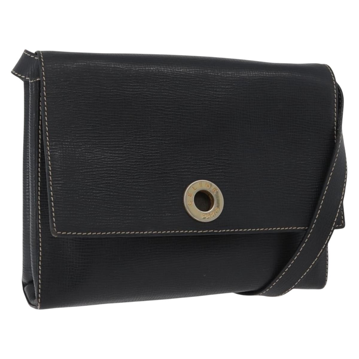 Celine Circle Logo Shoulder Bag Leather, BLACK, LEATHER, Shoulder bag