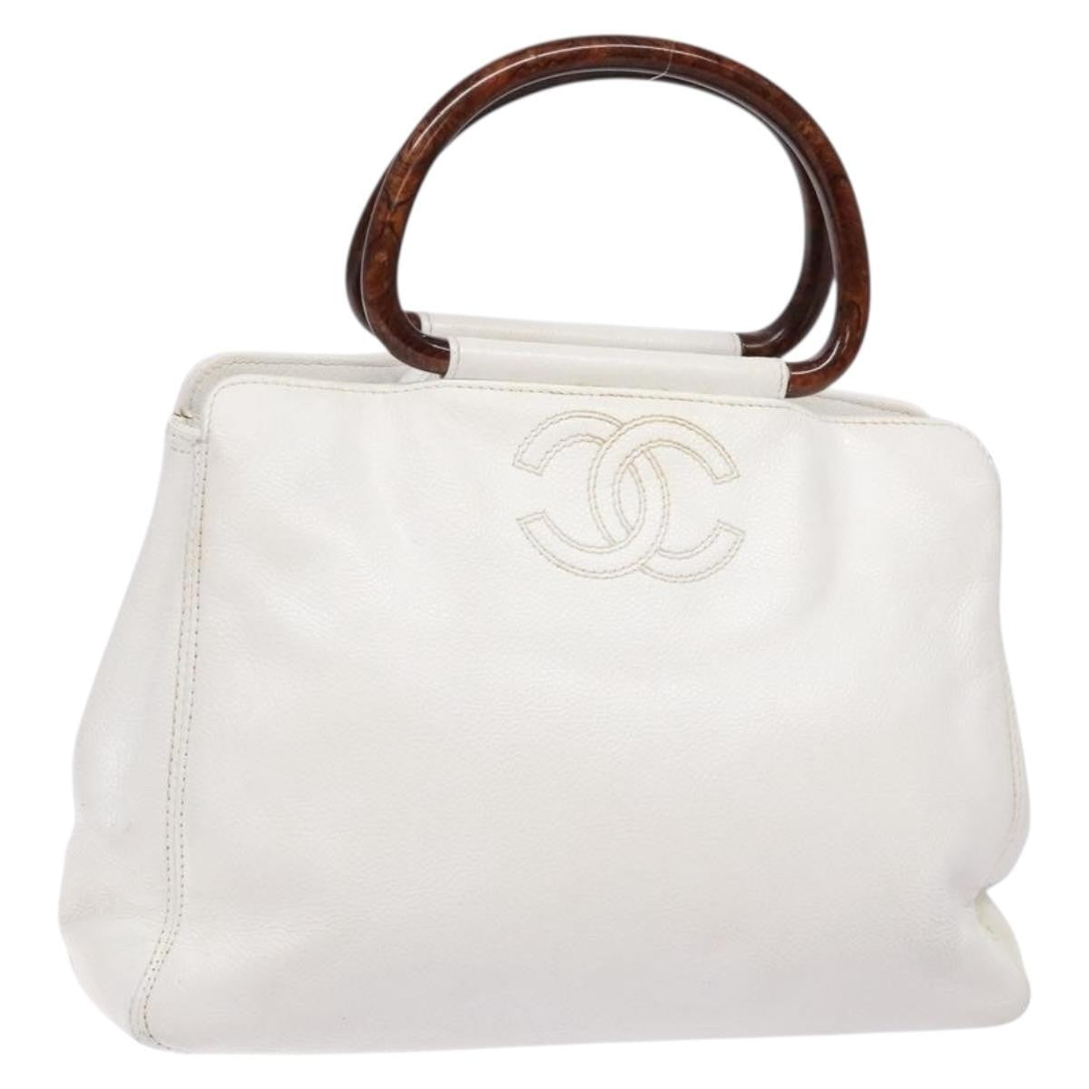 Chanel Vintage Wooden Ring Tote Leather, WHITE, LEATHER, Tote bag