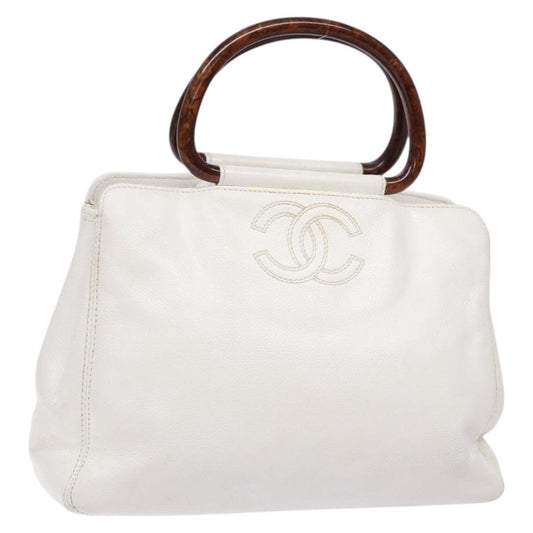 Chanel Vintage Wooden Ring Tote Leather, WHITE, LEATHER, Tote bag