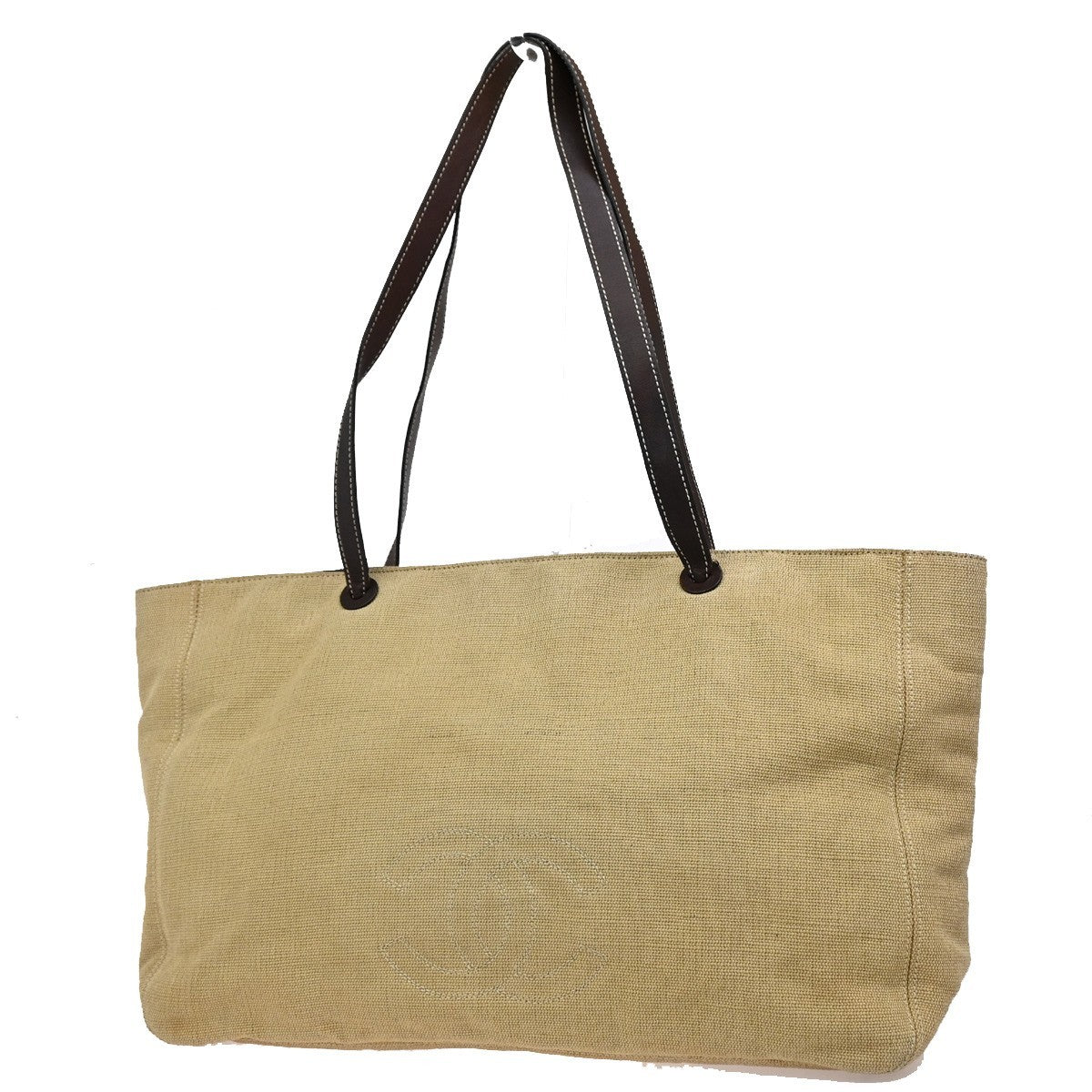 Chanel Vintage CC Tote Canvas with Leather, BEIGE, CANVAS, Tote bag