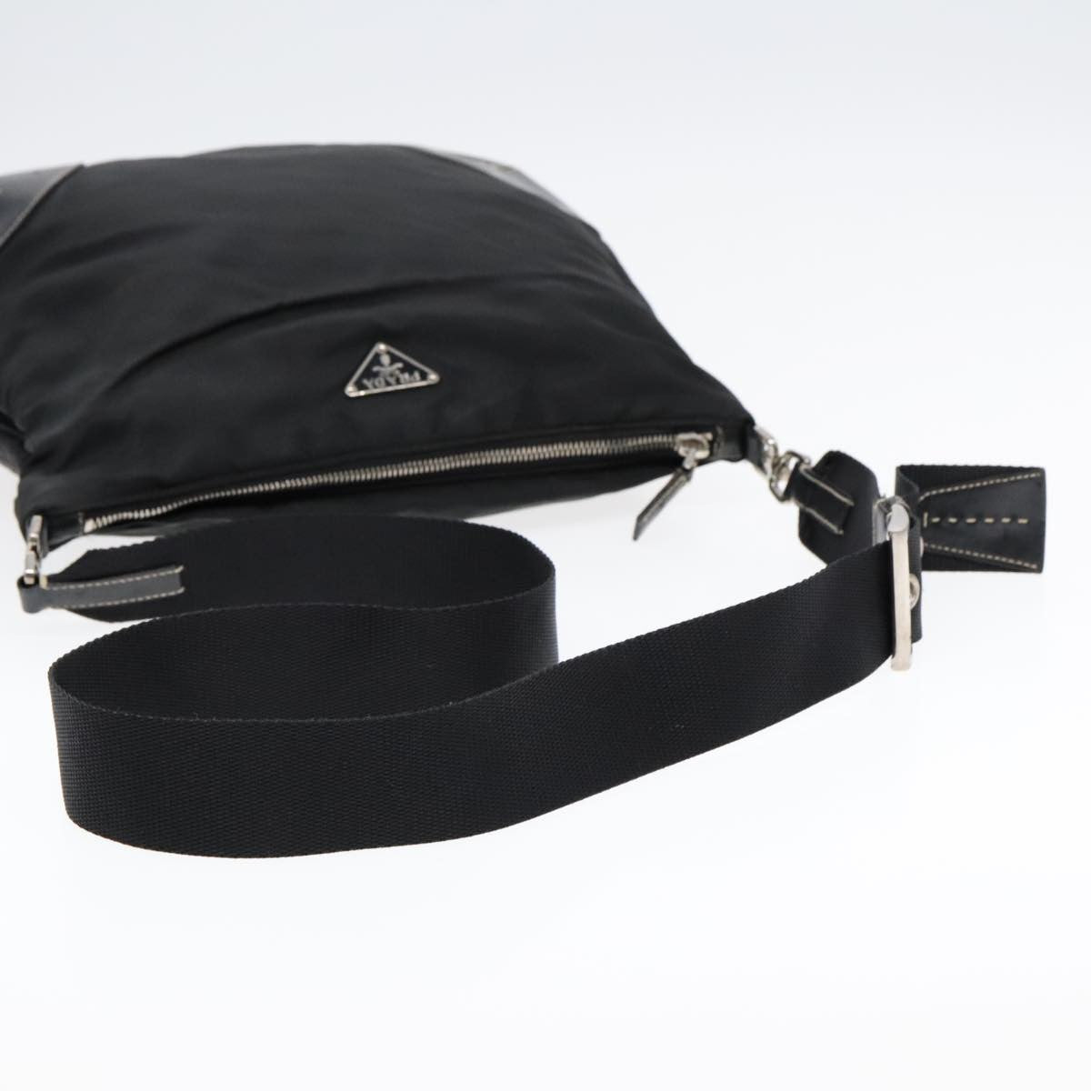 Prada Zip Messenger Bag Tessuto with Leather, BLACK, NYLON, Shoulder bag