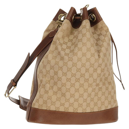 Gucci Drawstring Shoulder Bag GG Canvas with Leather, BEIGE, CANVAS, Shoulder bag