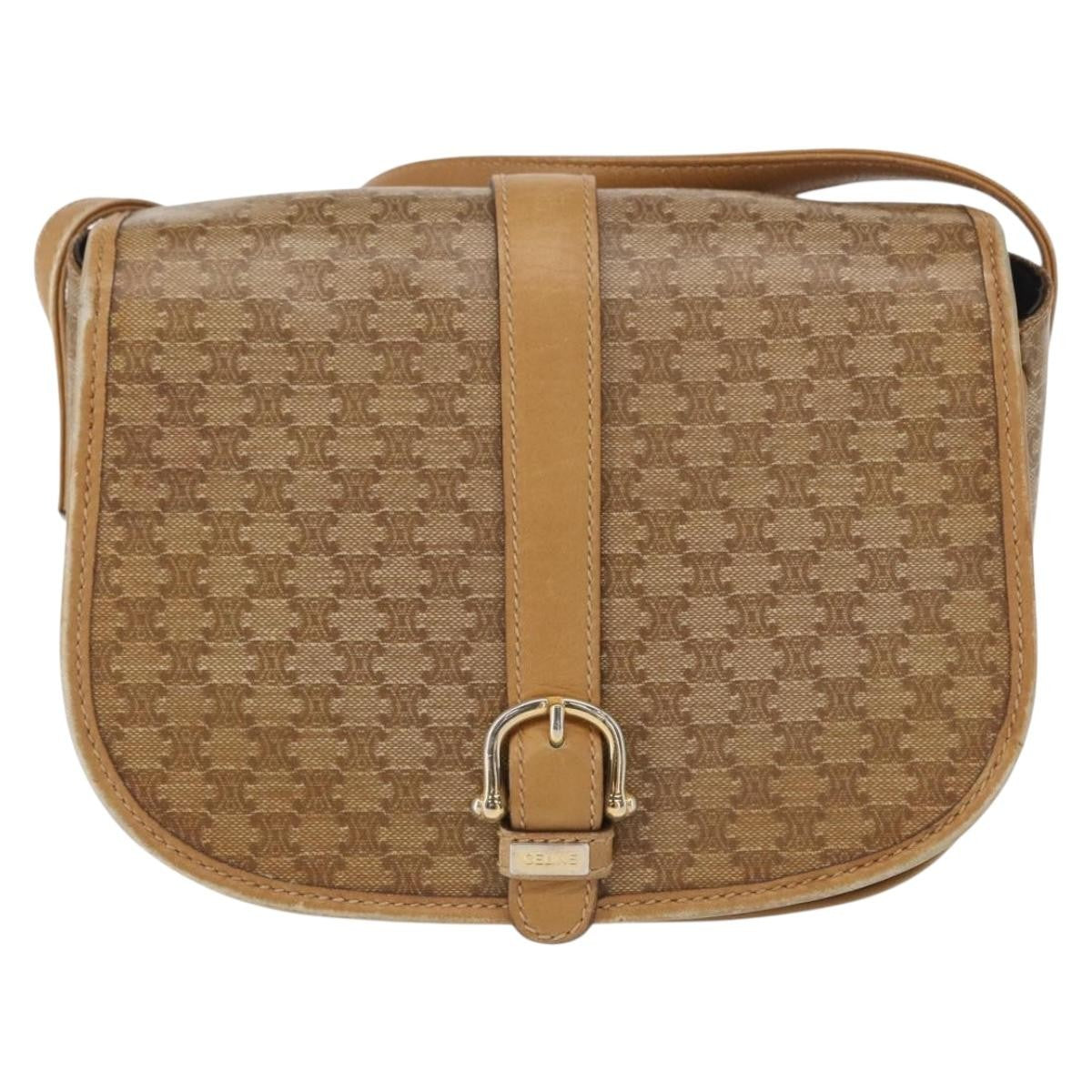 Celine Vintage Macadam Shoulder Bag Canvas and Leather, BEIGE, CANVAS, Shoulder bag
