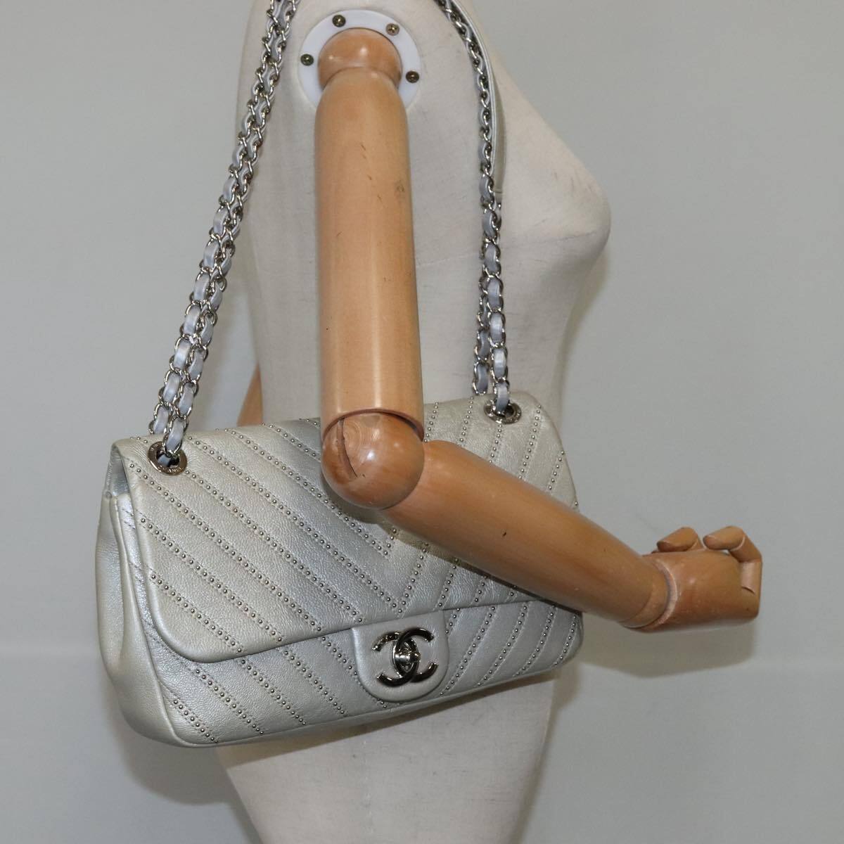 Chanel Vintage Classic Single Flap Bag Stitched Calfskin, GRAY, LEATHER, Shoulder bag