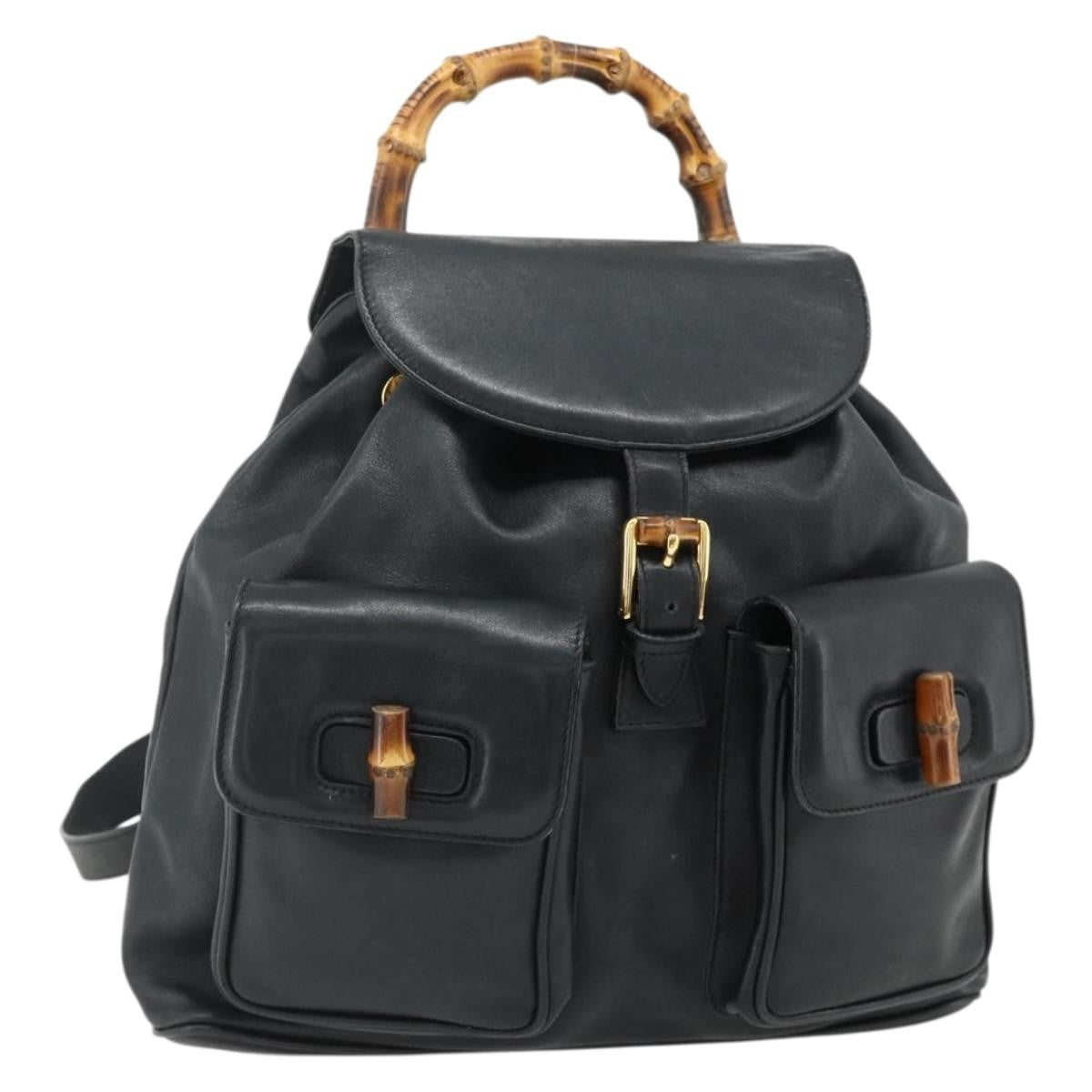 Gucci Vintage Bamboo Backpack Leather, Black, Leather, Backpack