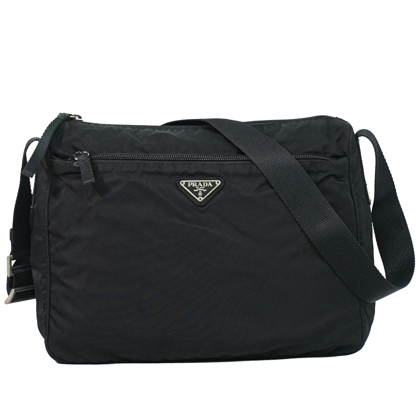 Prada Front Zip Messenger Bag Tessuto, Black, Nylon, Shoulder Bag
