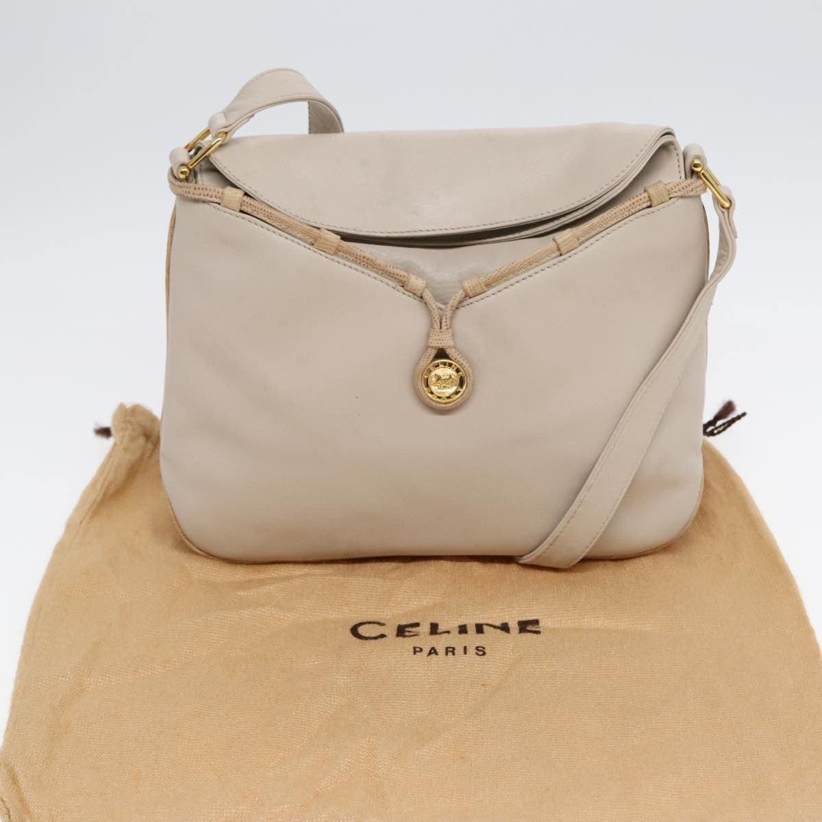 Celine Vintage Shoulder Bag Leather, Beige, Leather, Shoulder Bag