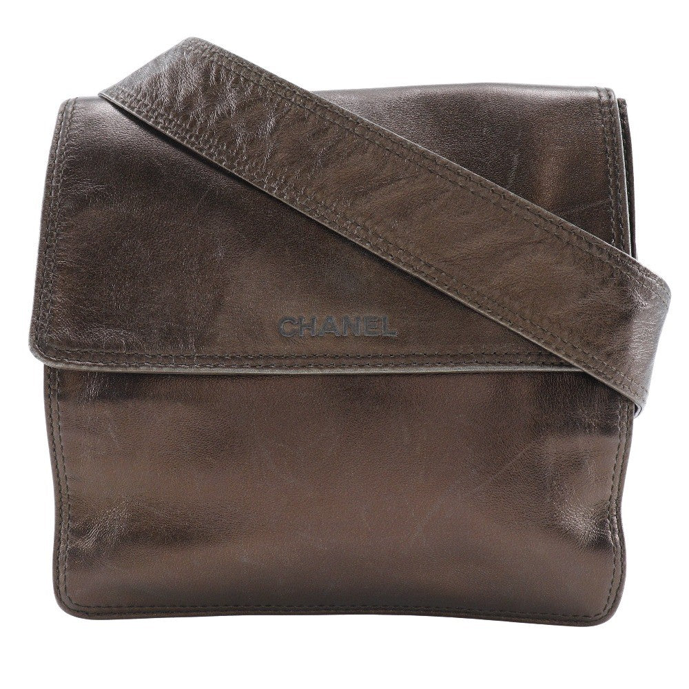 Chanel Vintage Flat Crossbody Bag Leather, BROWN, LEATHER, Crossbody bag
