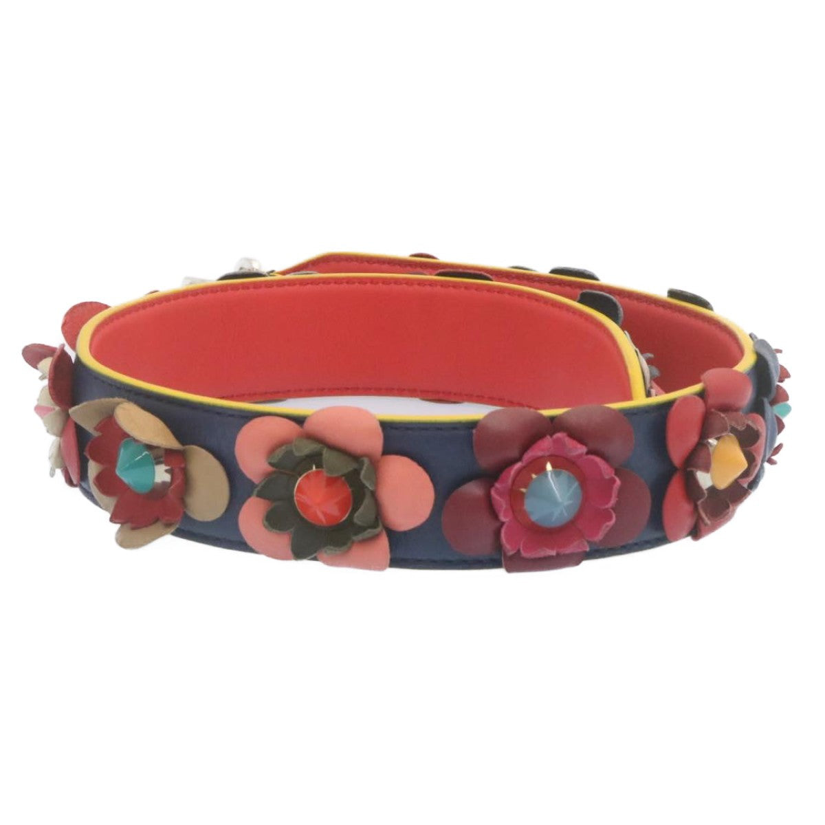 Fendi Flowerland Strap You Shoulder Strap Studded Leather, NAVY, LEATHER, Straps