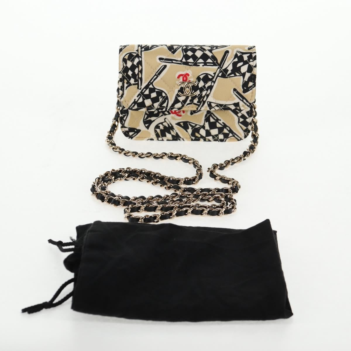 Chanel Flap Card Holder on Chain Quilted Printed Canvas, BEIGE, CANVAS, Card Holders