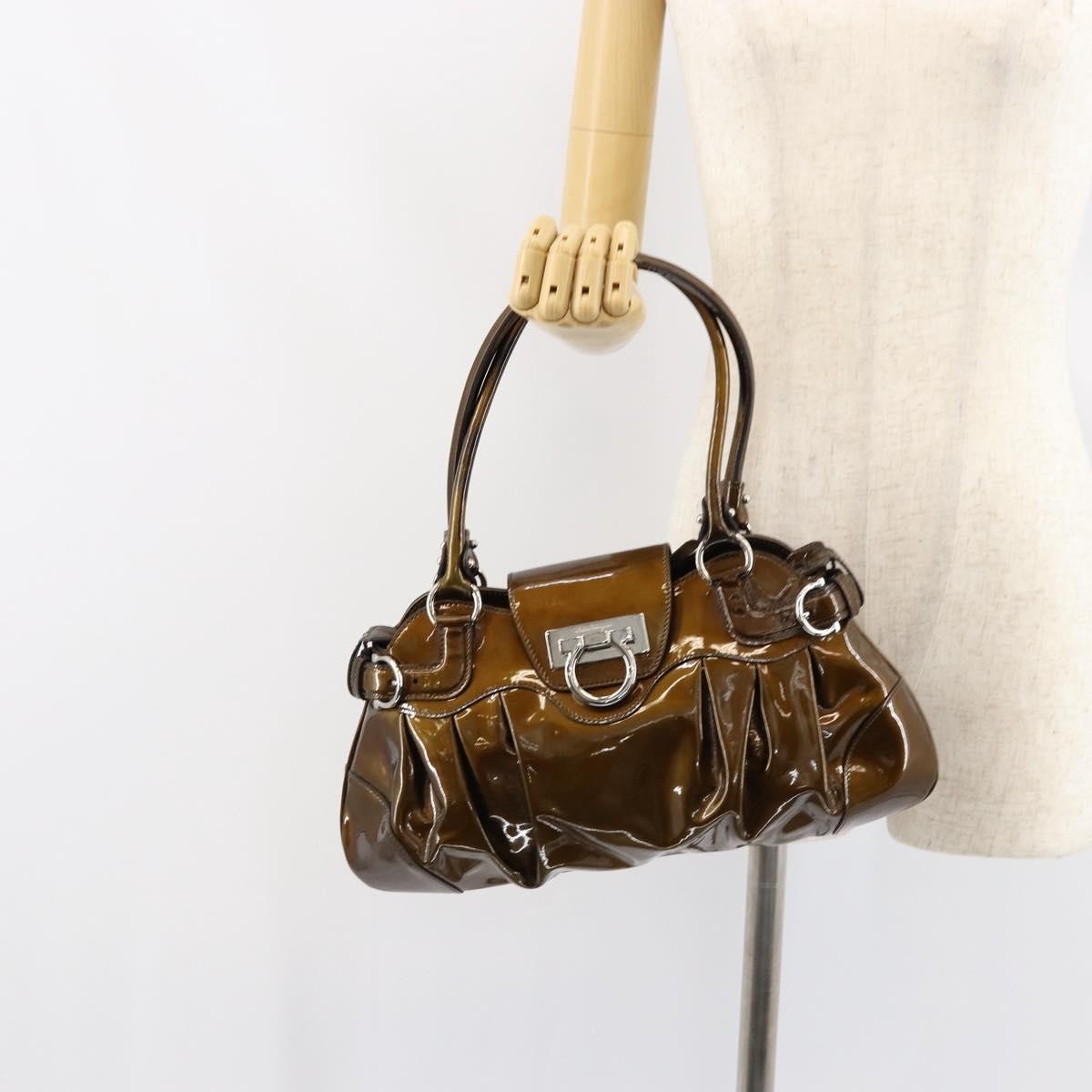 Salvatore Ferragamo Gancini handbag Patent leather, BROWN, PATENT_LEATHER, Handbag