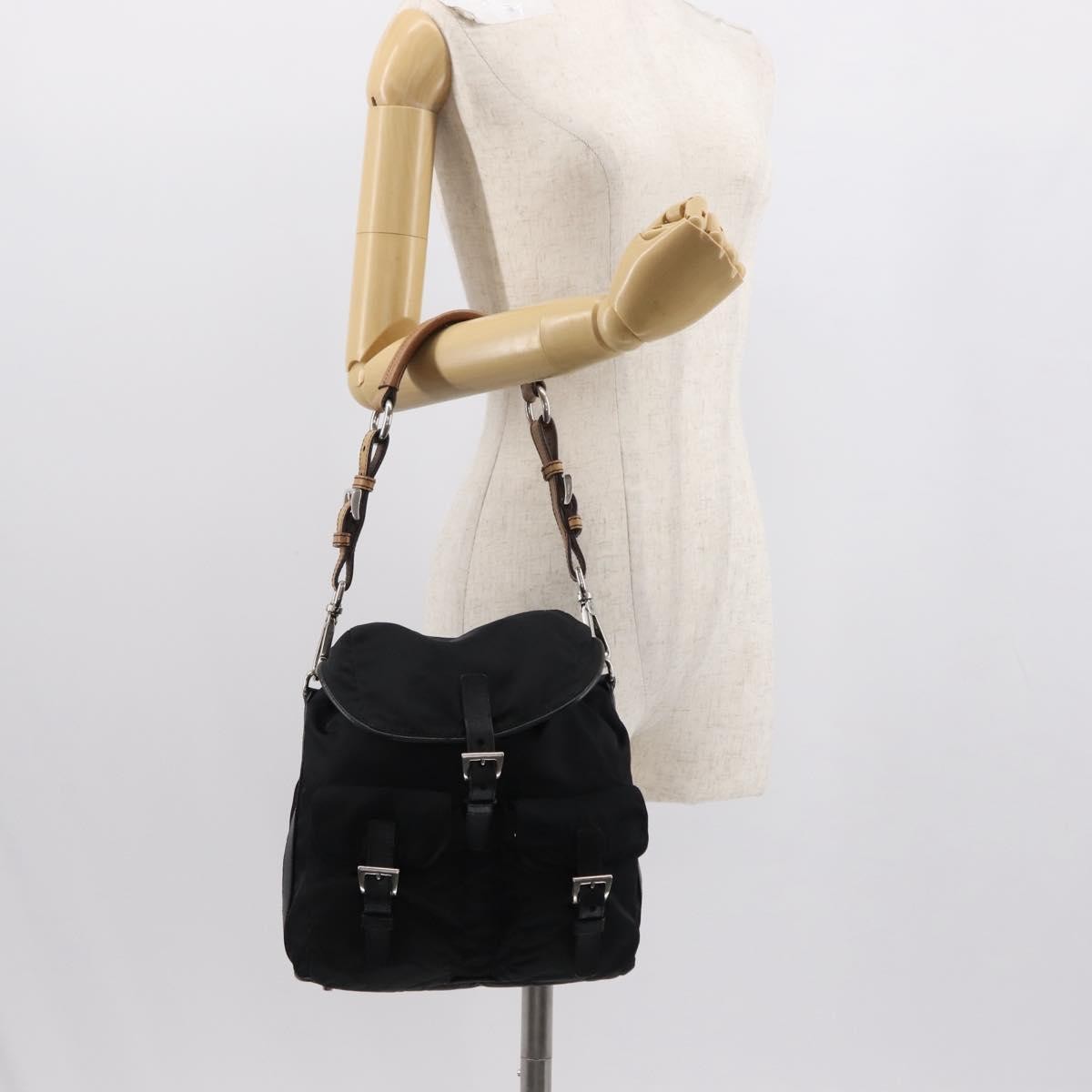 Prada Double Pocket Drawstring Shoulder Bag Tessuto, Black, Nylon, Shoulder Bag