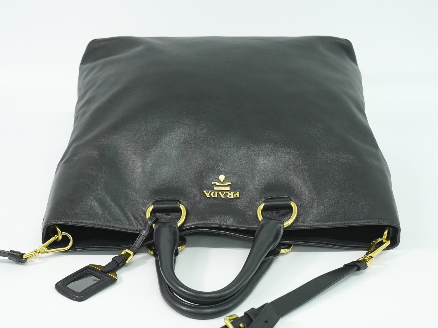 Prada Convertible Shopper Tote Soft Calf, BLACK, LEATHER, Tote bag
