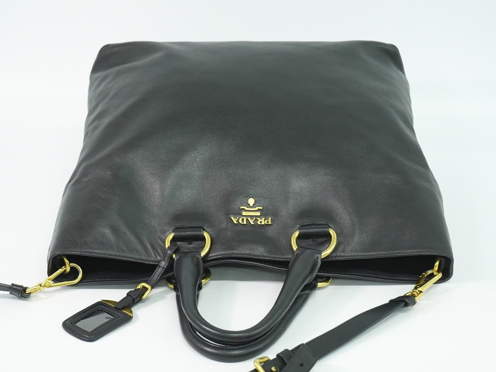 Prada Convertible Shopper Tote Soft Calf, BLACK, LEATHER, Tote bag