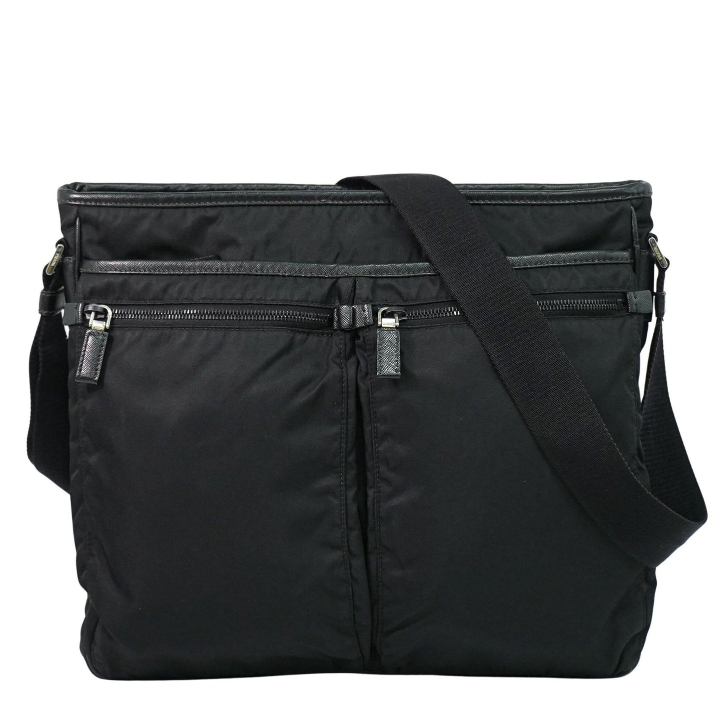 Prada Double Pocket Zip Messenger Tessuto, BLACK, NYLON, Shoulder bag