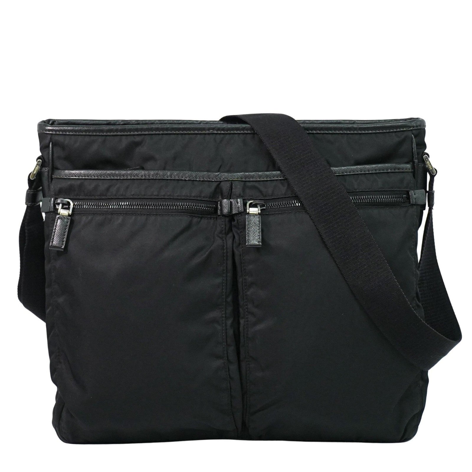 Prada Double Pocket Zip Messenger Tessuto, BLACK, NYLON, Shoulder bag