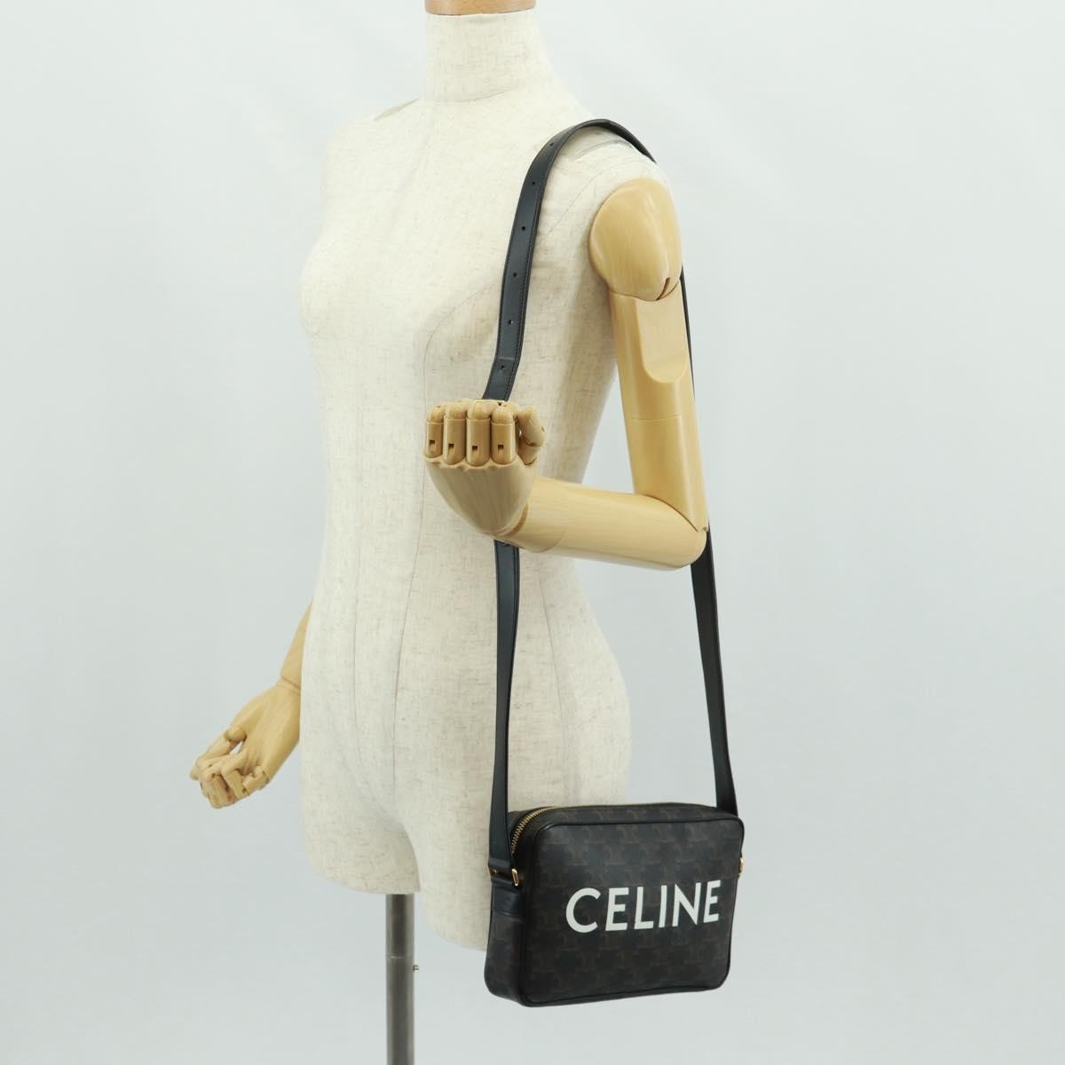 Celine Logo Messenger Bag Triomphe Coated Canvas, Black, PVC, Shoulder Bag