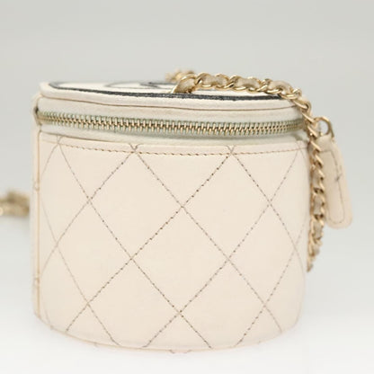 Chanel CC Round Vanity Case with Chain Quilted Lambskin, WHITE, LEATHER, Shoulder bag