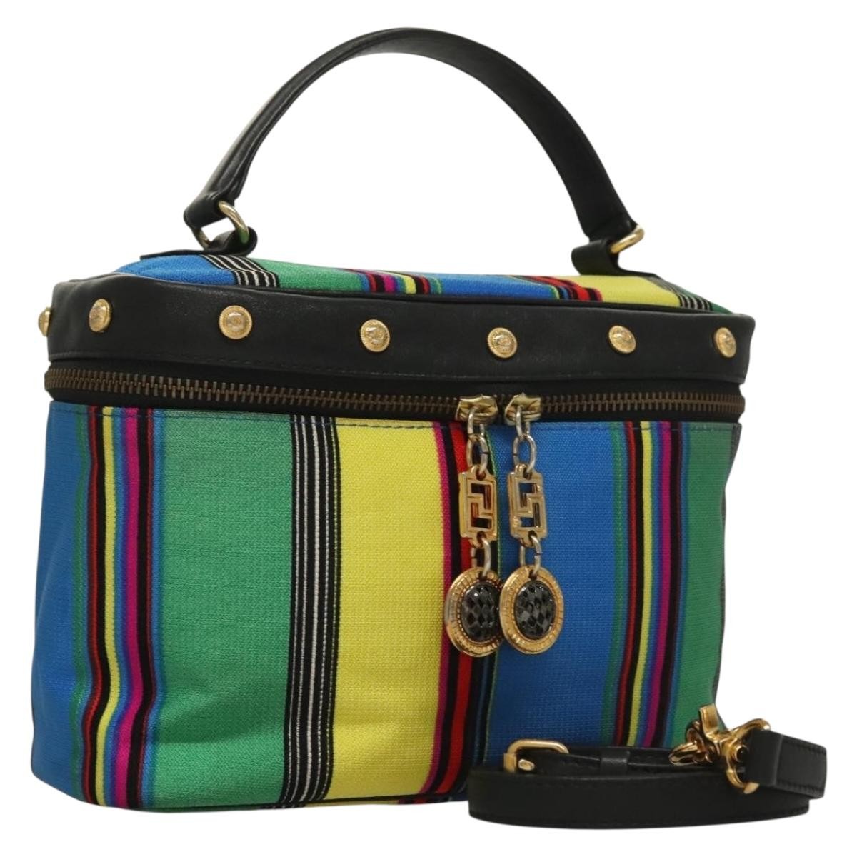 Versace Vanity Hand Bag Canvas and Leather, BLUE, CANVAS, Clutche & pouche