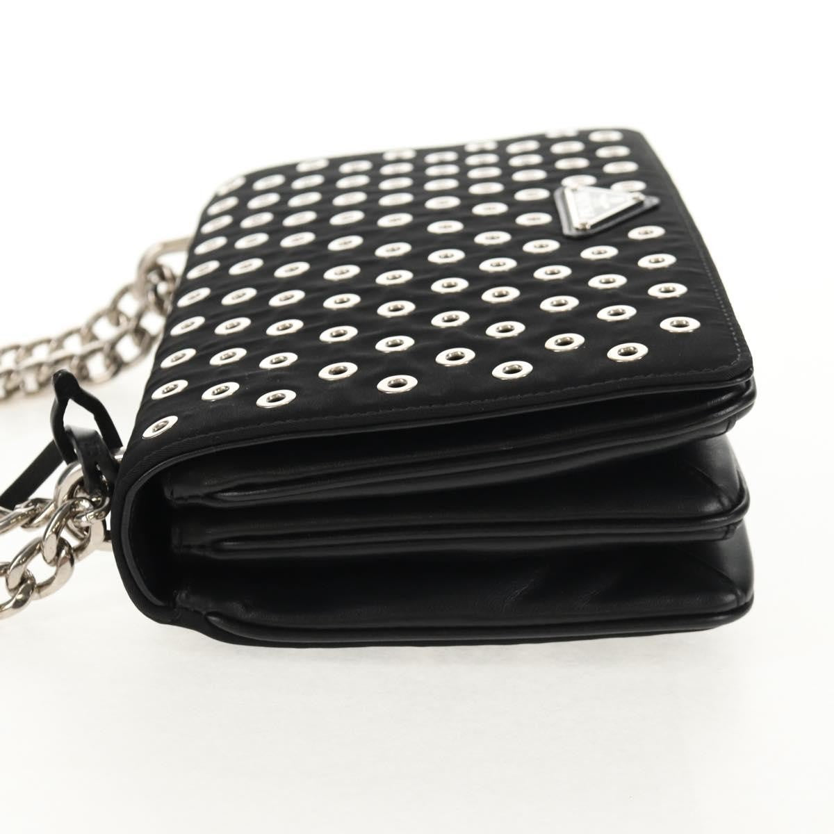 Prada Grommet Chain Flap Shoulder Bag Tessuto with Soft Calf, BLACK, NYLON, Shoulder bag